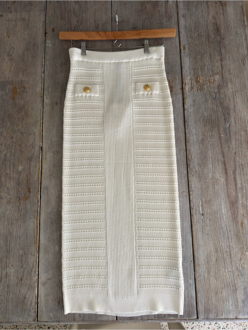 NWT Balmain white  Knit Pencil Skirt with Gold Button Detail